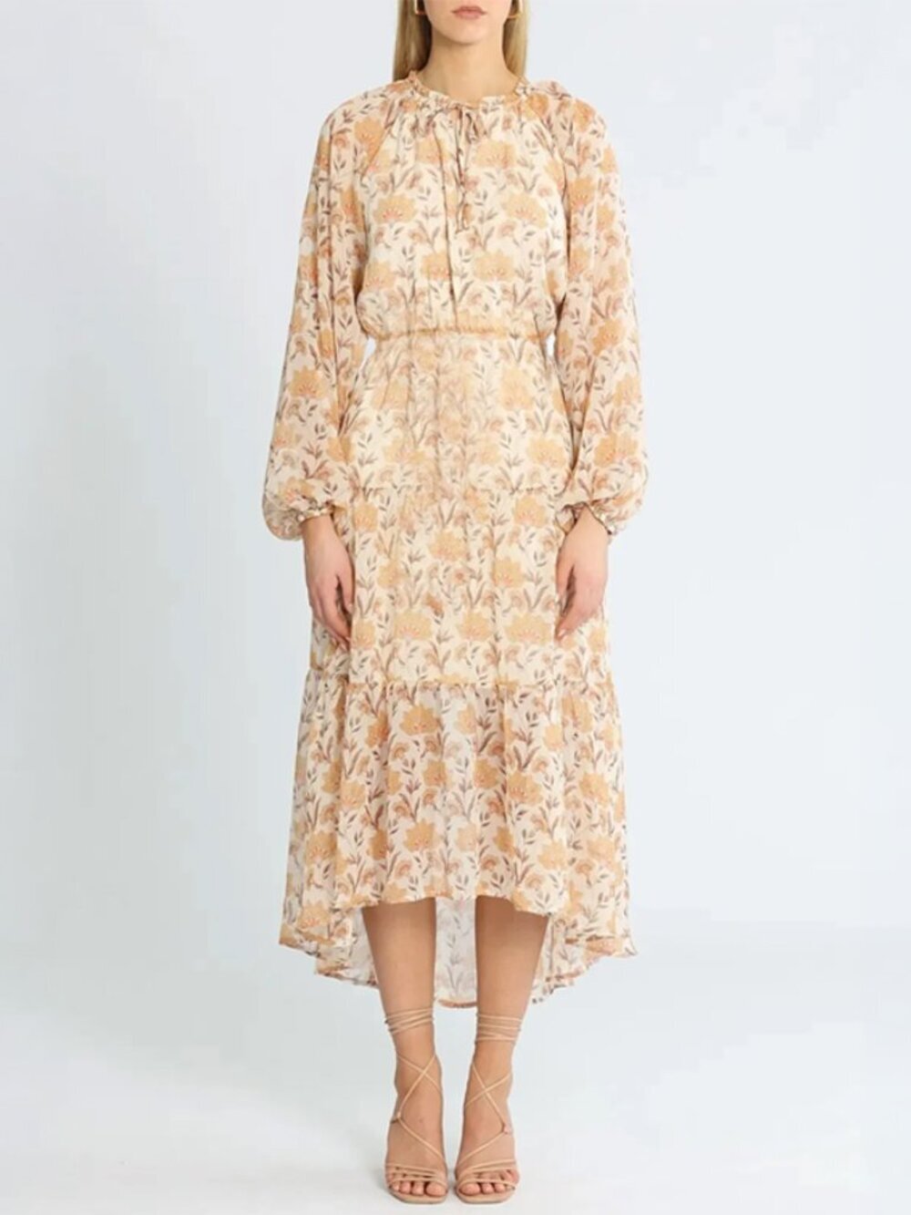 MINKPINK Floral Moyne Long Sleeve Tiered Midi Dress Size M